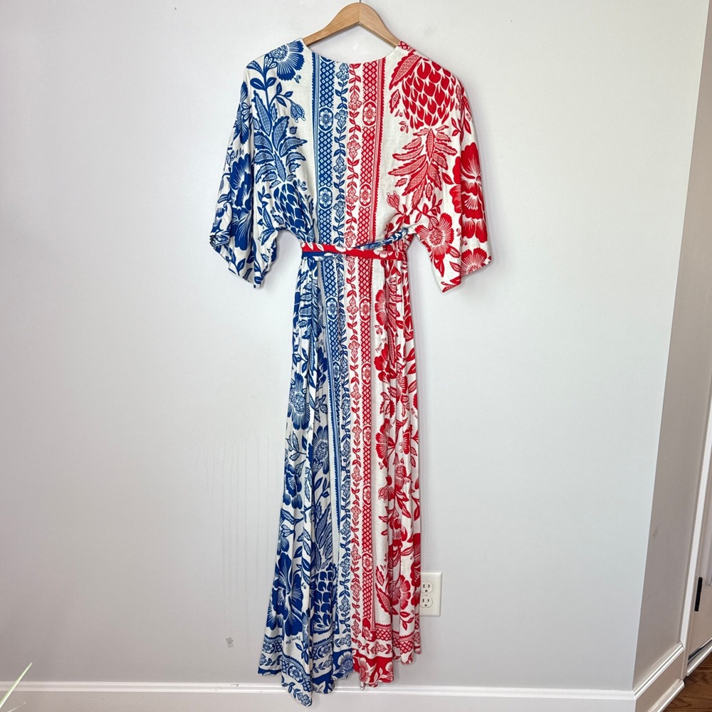 NWT Farm Rio Mixed Pineapple Garden Maxi Wrap Dress Red Blue Floral Medium - Picture 5 of 11